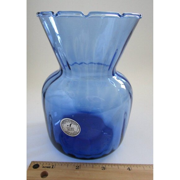 Vitro Mosa Mexican Hand Blown Navy Blue Art Glass Vase - Etched Rim - Vintage - Picture 11 of 11
